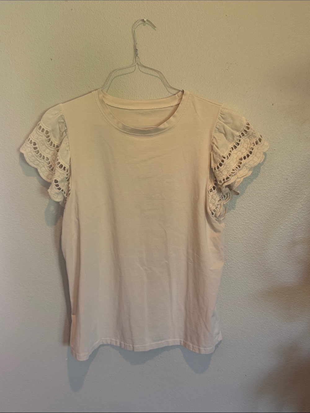 Amazon Women's Cream Short Sleeve Tee with Lace Ruffle Sleeves